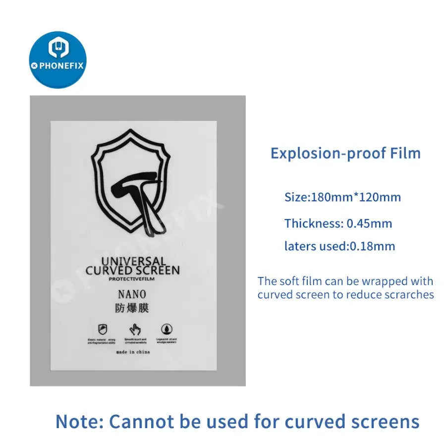 PHONEFIX nano explosion-proof screen protector film for phones, cut with film cutting machine, showing durability and clarity.