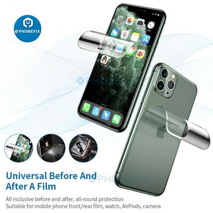 Film hydrogel flexible pour machine de découpe de téléphones SS-890C de PHONEFIX, présenté sur une machine de découpe pour application de protection d'écran.