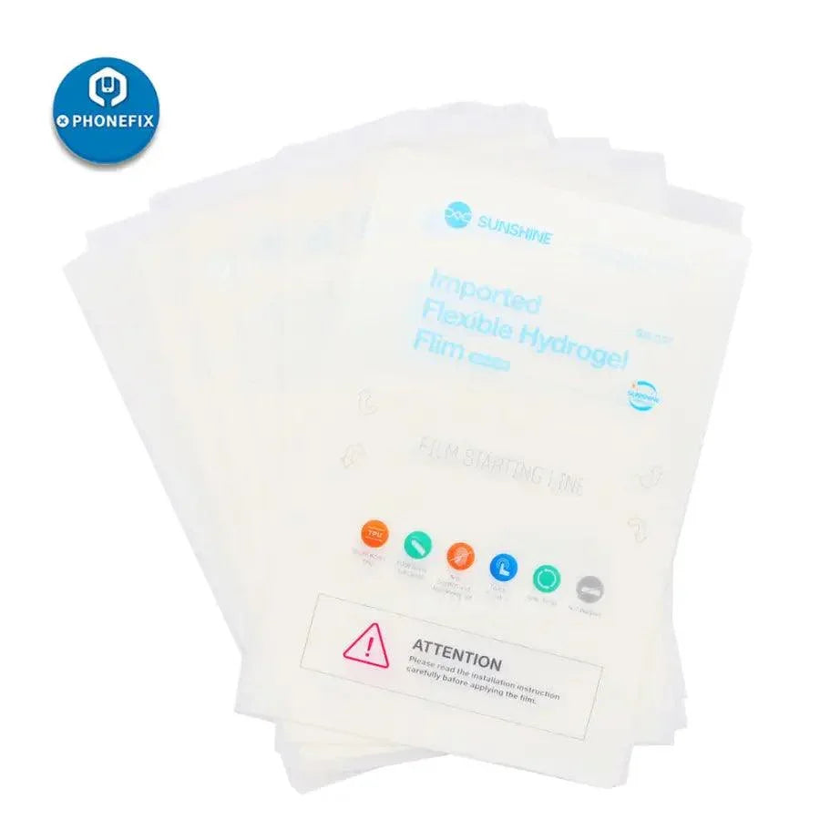 Film hydrogel flexible pour machine de découpe de téléphones SS-890C de PHONEFIX, présenté sur un dispositif de découpe pour la protection d'écran de téléphone.