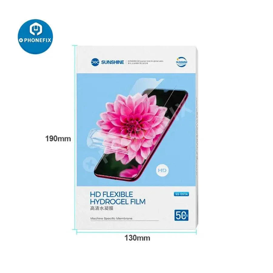 Film hydrogel flexible pour machine de découpe SS-890C de PHONEFIX, présenté sur un téléphone avec couverture avant et arrière.