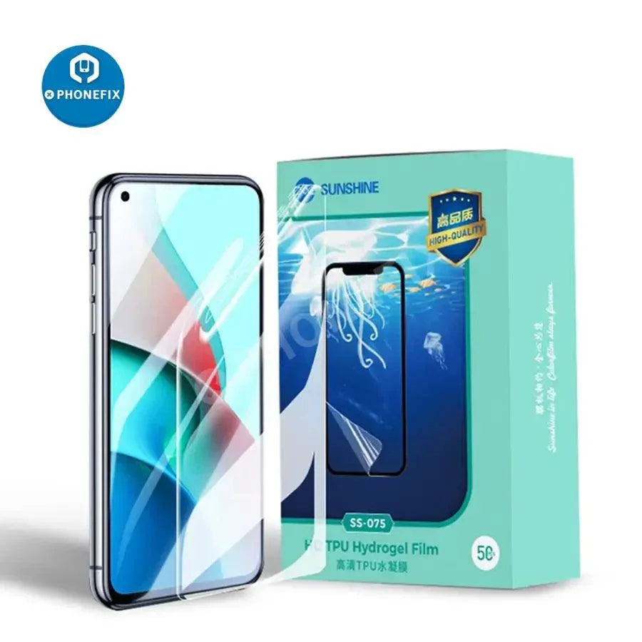 Film hydrogel flexible pour machine de découpe de téléphones SS-890C, montrant le film protecteur avant et arrière de PHONEFIX.
