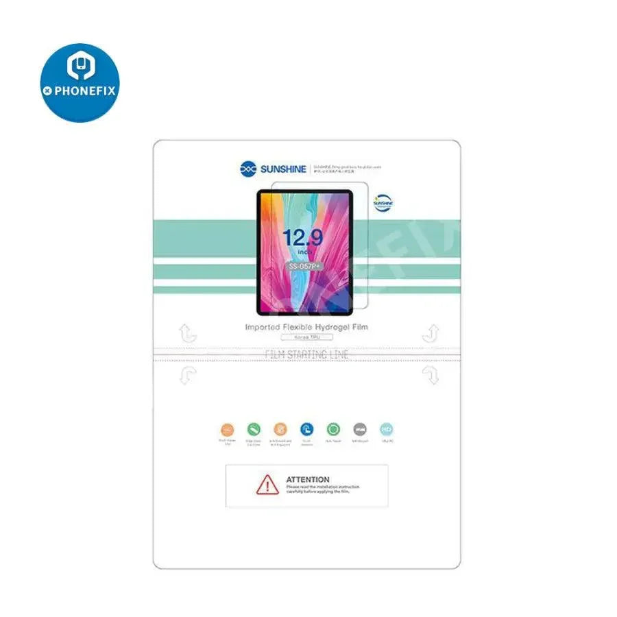 Film hydrogel flexible pour machine de découpe de téléphones SS-890C de PHONEFIX, présenté sur un appareil de découpe avec couches protectrices.