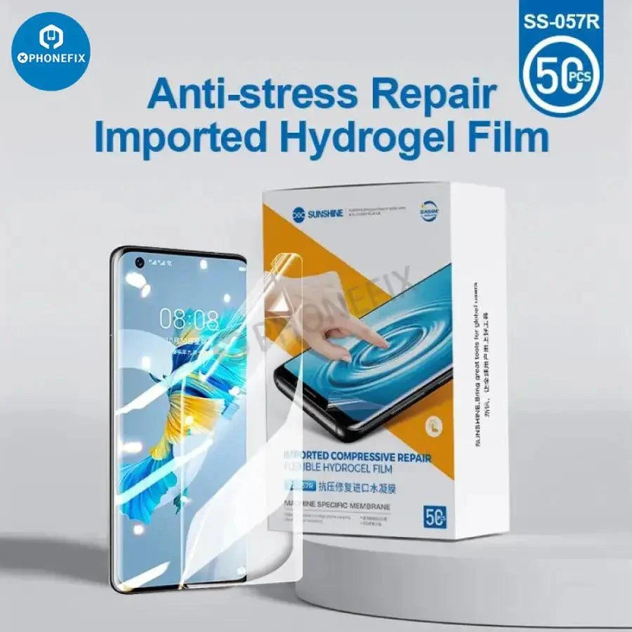 Film hydrogel flexible pour machine de découpe de téléphones SS-890C de PHONEFIX, montrant l'application du film protecteur avant et arrière.