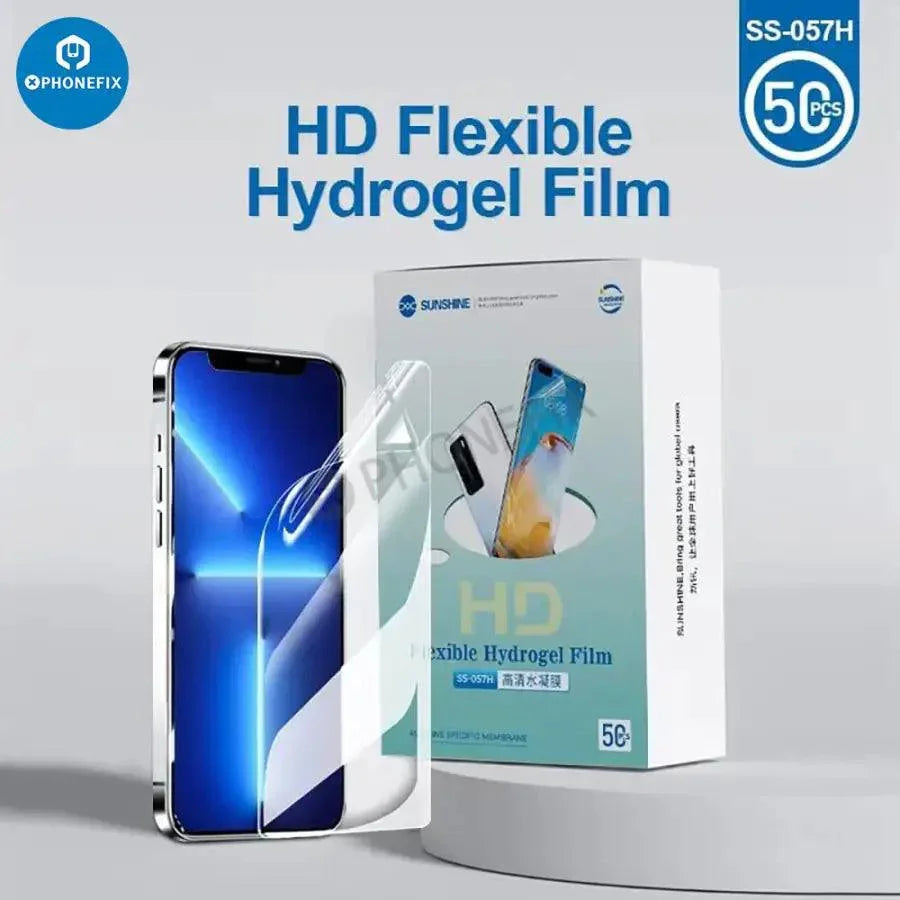 Film hydrogel flexible pour machine de découpe de téléphones SS-890C, montrant l'application du film protecteur avant et arrière par PHONEFIX.
