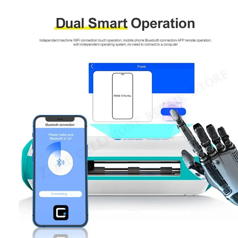 Phonefix SS-890C multifunction film cutting machine for front and rear phone film, shown in use with cutting blades and film.