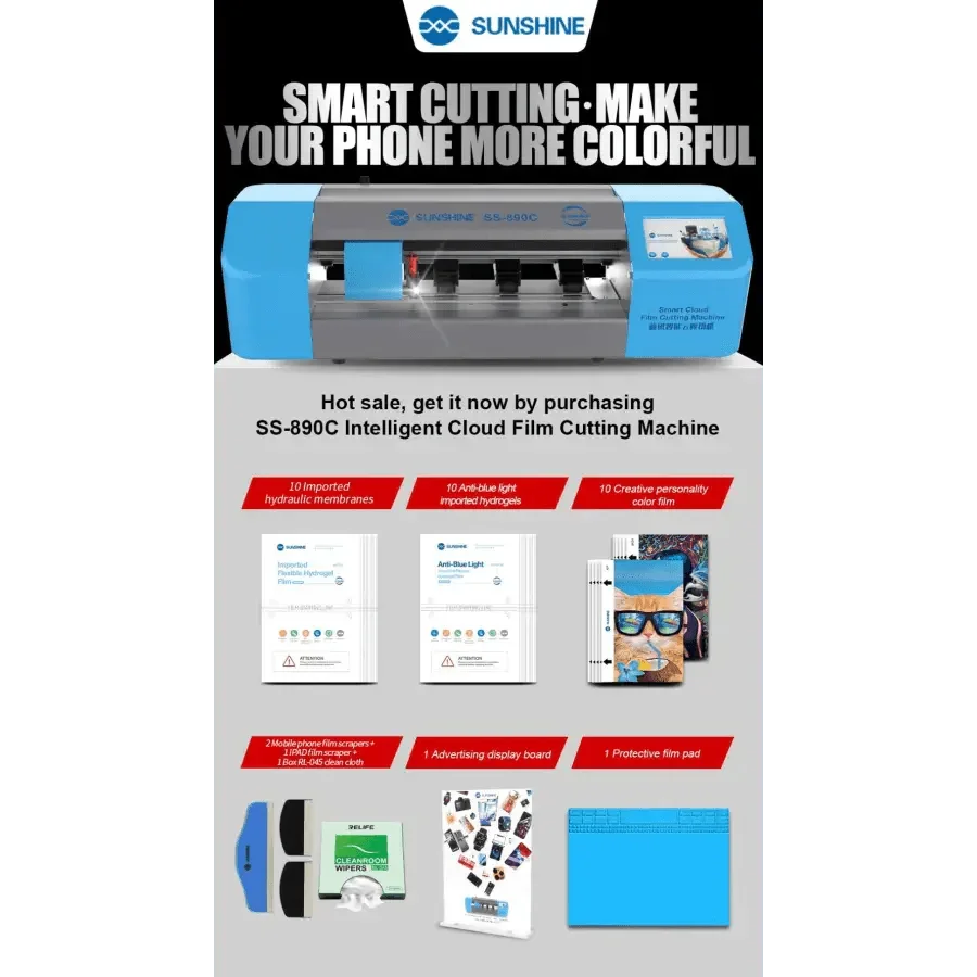 PhoneFix Sunshine SS-890C auto film cutting machine for phone glass film, with cutting tool and 50 replacement blades.