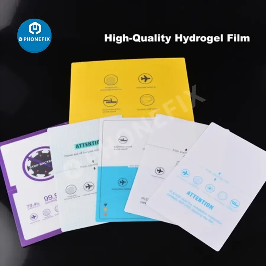 Flexible hydrogel film for phone screen protector, designed for cutting machines by PHONEFIX, shows a transparent, flexible screen protection film.