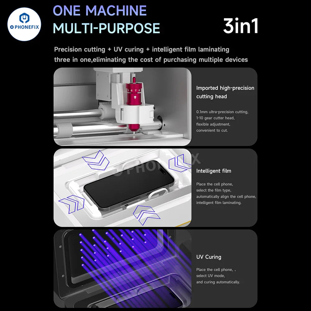 Phonefix MECHANIC Auto X450 screen film cutting and laminating machine with 110V US plug, used for precise film cutting and curing.