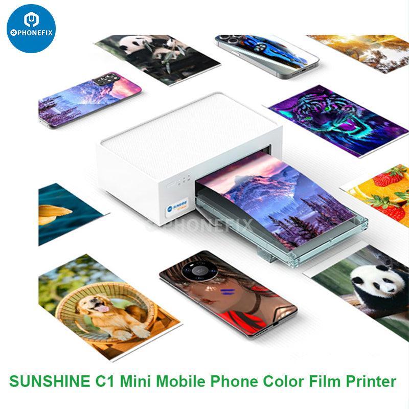 Sunshine C1 Mini 7.5-inch HD colorful phone back cover film printer by PHONEFIX, displaying vibrant printed film on the device