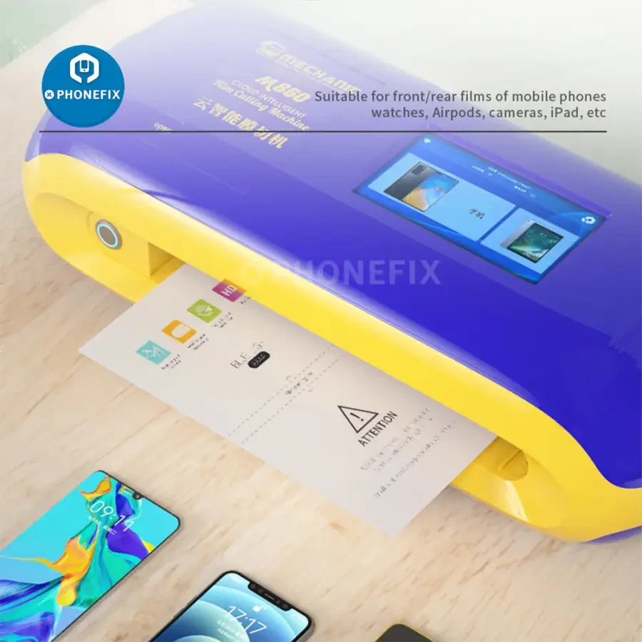 PhoneFix MECHANIC M860 film cutting machine for precise cutting of phone, iPad, and watch screens with intelligent controls.