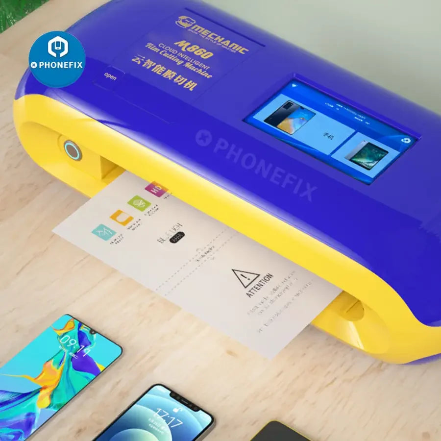 Phonefix MECHANIC M860 film cutting machine for precise cutting of phone, iPad, and watch screens in a professional workshop setting.