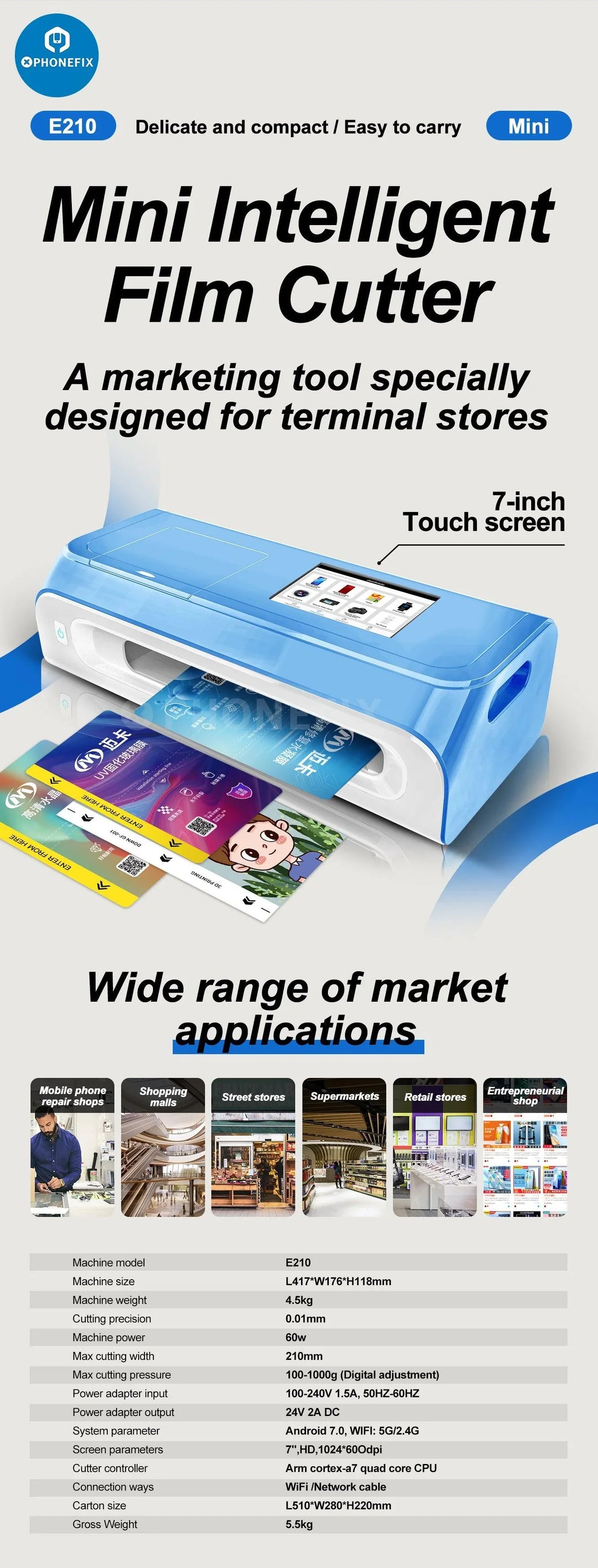 PhoneFix E210 Unlimited Film Cutting Machine for screen protectors, compact film cutter with precise cutting capabilities.