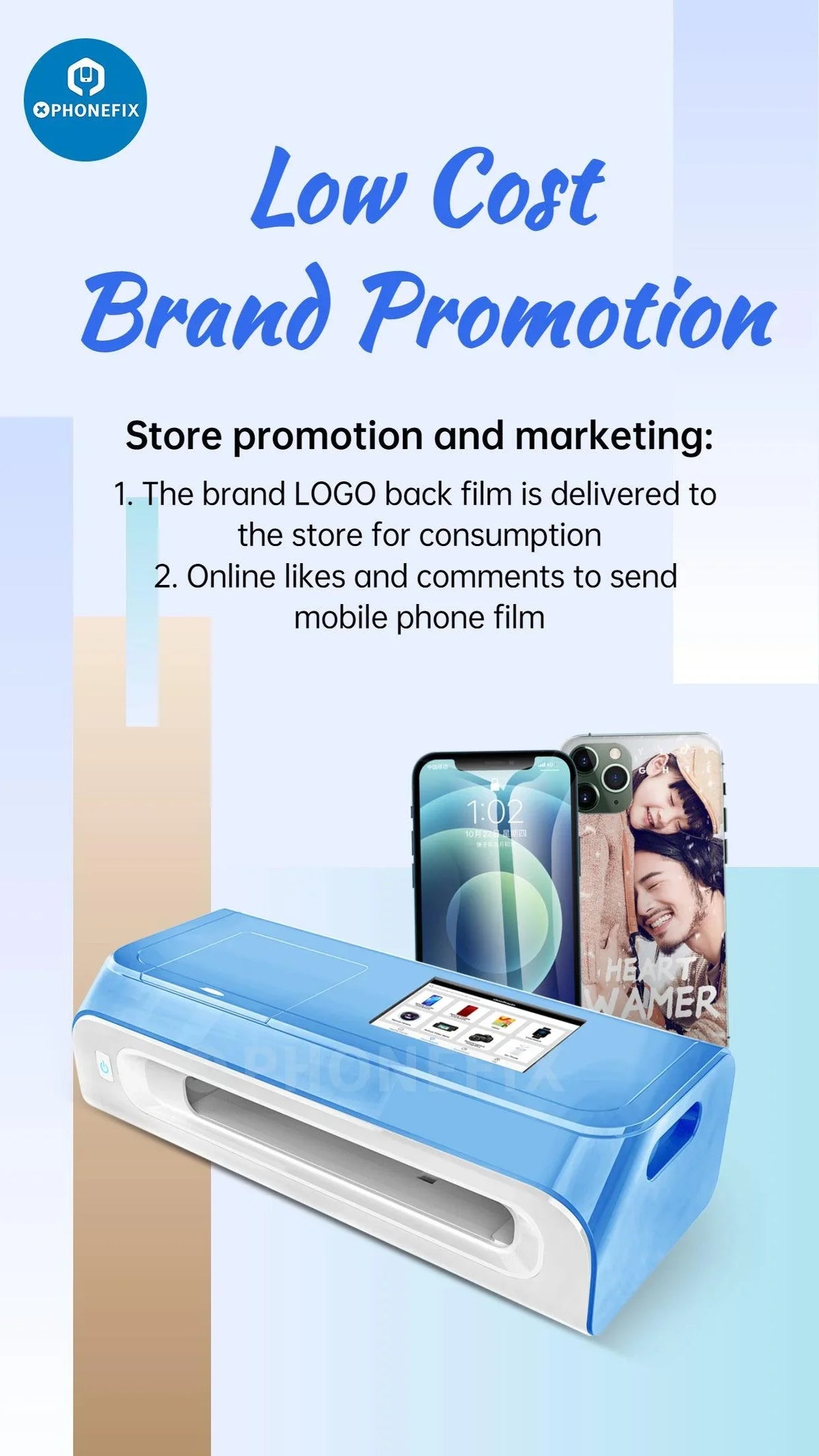 PhoneFix E210 film cutting machine for screen protectors, compact digital cutter for precise film trimming.