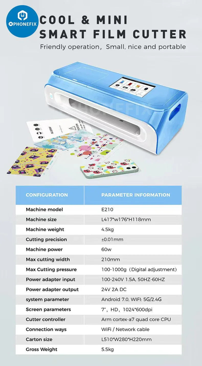 PhoneFix E210 film cutting machine for screen protectors, compact device for precise cutting of phone screen protector films.