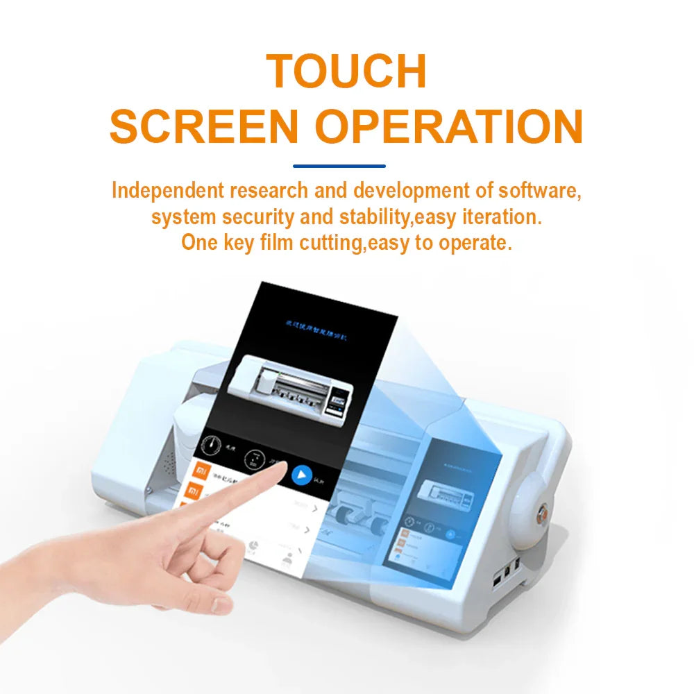 PHONEFIX E210 Unlimited Film Cutting Machine screen protector cutter with metal blade and adjustable guide for precise film trimming.