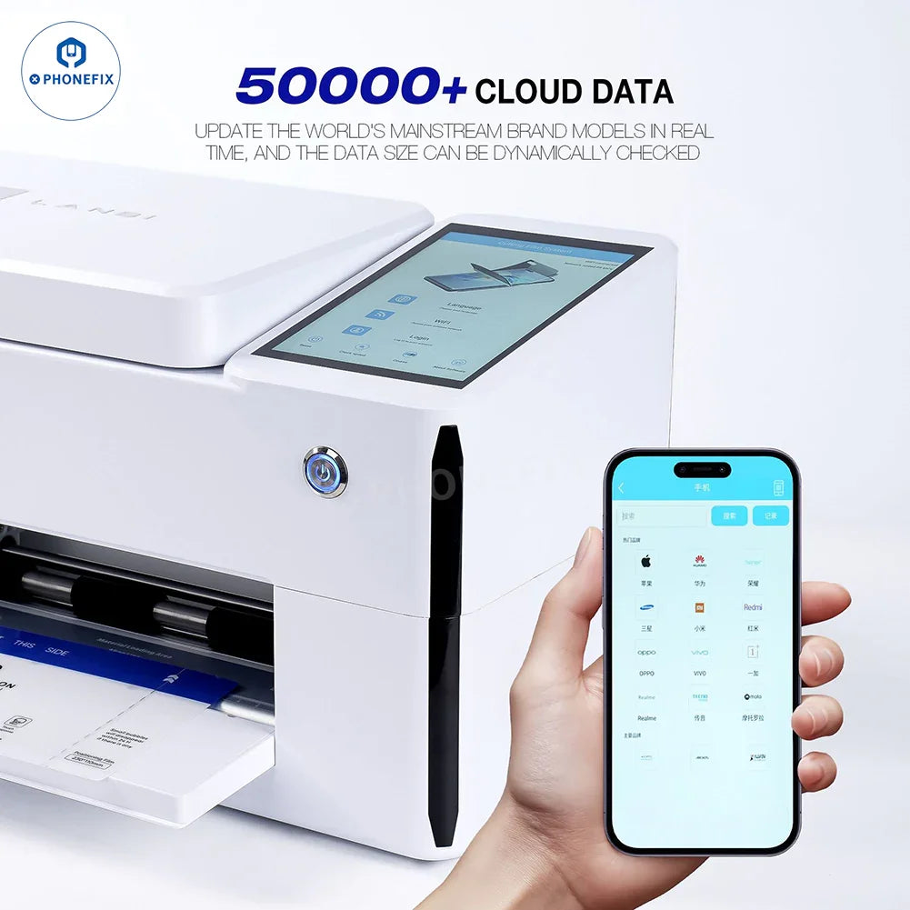 PHONEFIX hydrogel film cutting laminating UV curing machine for phone screens, showing the device and film in operation.