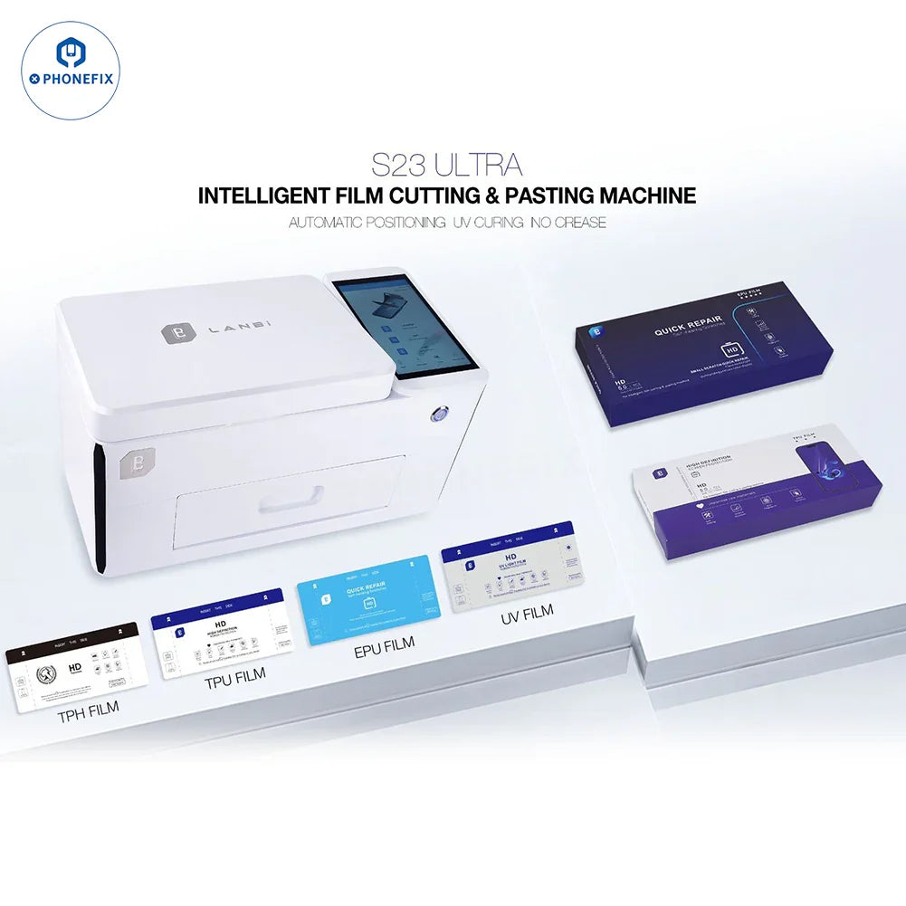 PHONEFIX hydrogel film cutting laminating UV curing machine for phone screens, showing the compact device with control panel and film rollers.