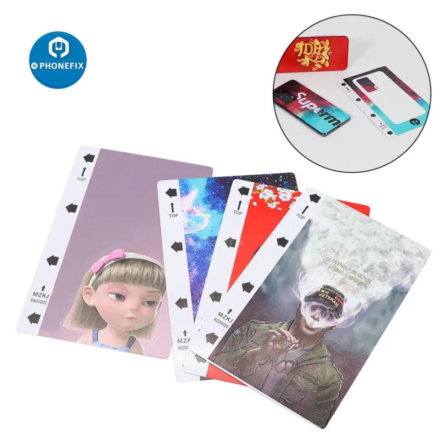 PHONEFIX universal soft hydrogel film screen protector for cutting machines, showing the clear, flexible film in use.