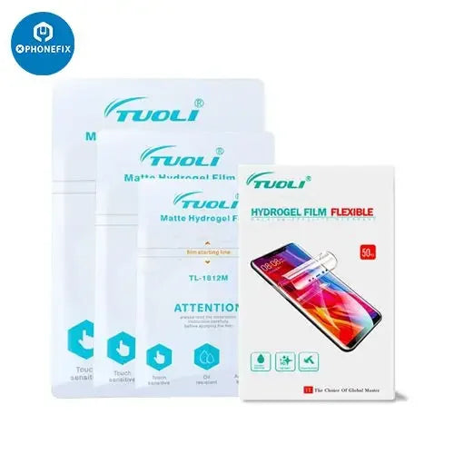 PhoneFix matte hydrogel film for screen protector cutting machine, 180x120mm, set of 50 durable films for precise cutting.