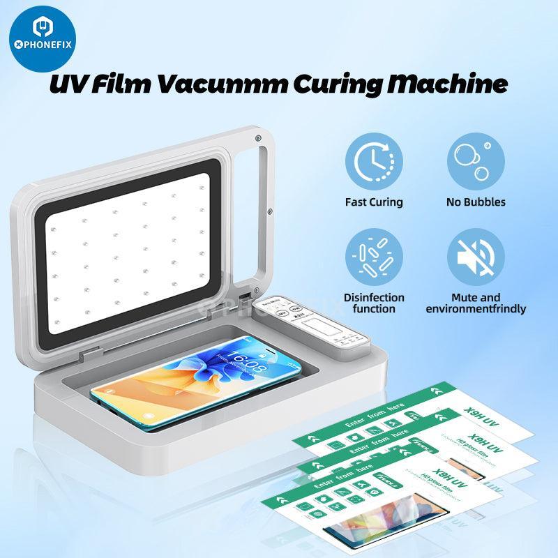 PhoneFix Mechanic S30 UV Curing Vacuum Laminating Machine for flat and curved LCD screens, film cutting machine in operation.