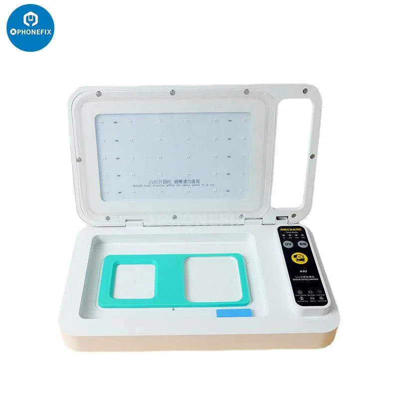 Phonefix Mechanic S30 UV Curing Vacuum Laminating Machine for flat and curved LCDs, film cutting and lamination process.