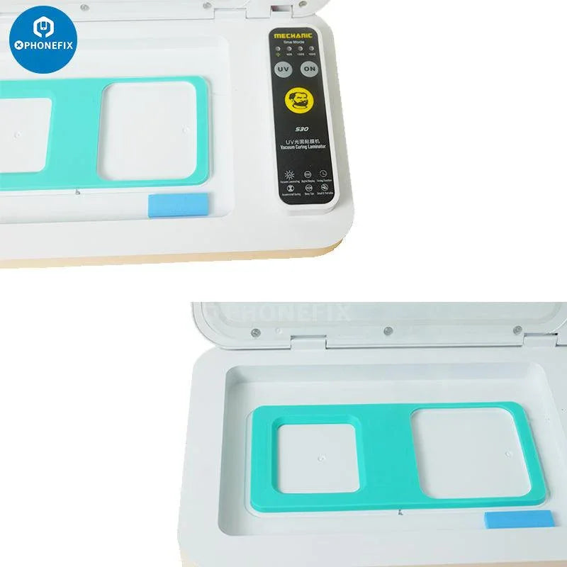 PhoneFix Mechanic S30 UV curing vacuum laminating machine for flat and curved LCD screens, used for film cutting and lamination.