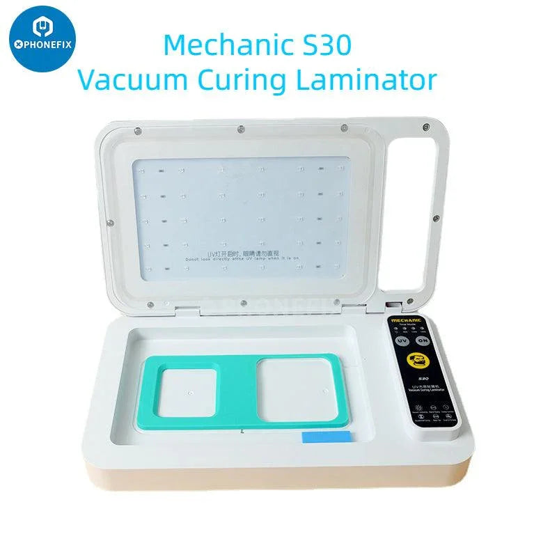 PhoneFix Mechanic S30 UV Curing Vacuum Laminating Machine for flat and curved LCDs, with film cutting functionality.