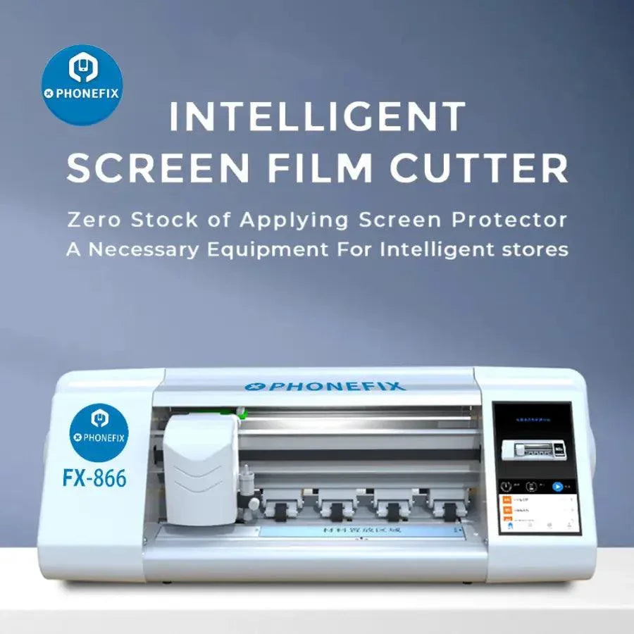 PHONEFIX FX-866 auto film cutting machine for phone glass protect films, with precision cutter for phone screen protectors.