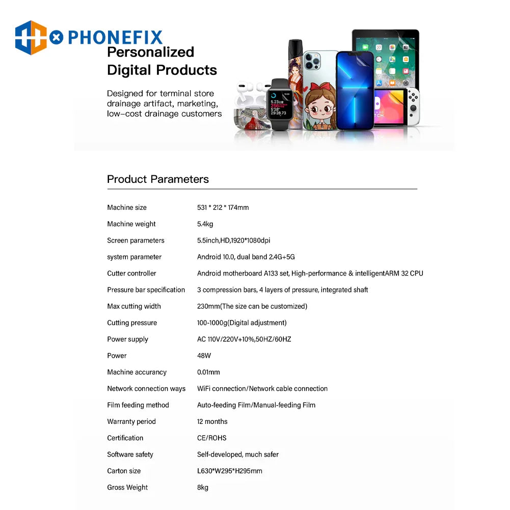 PHONEFIX X9 Smart Film Cutter for phone and tablet screens, supports 12.9-inch devices, precision film cutting machine.