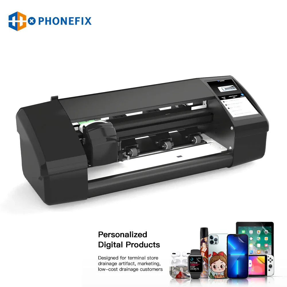 PHONEFIX X9 Smart Unlimited Film Cutter for phone and tablet screens, showing the film cutting machine with a 12.9-inch screen.