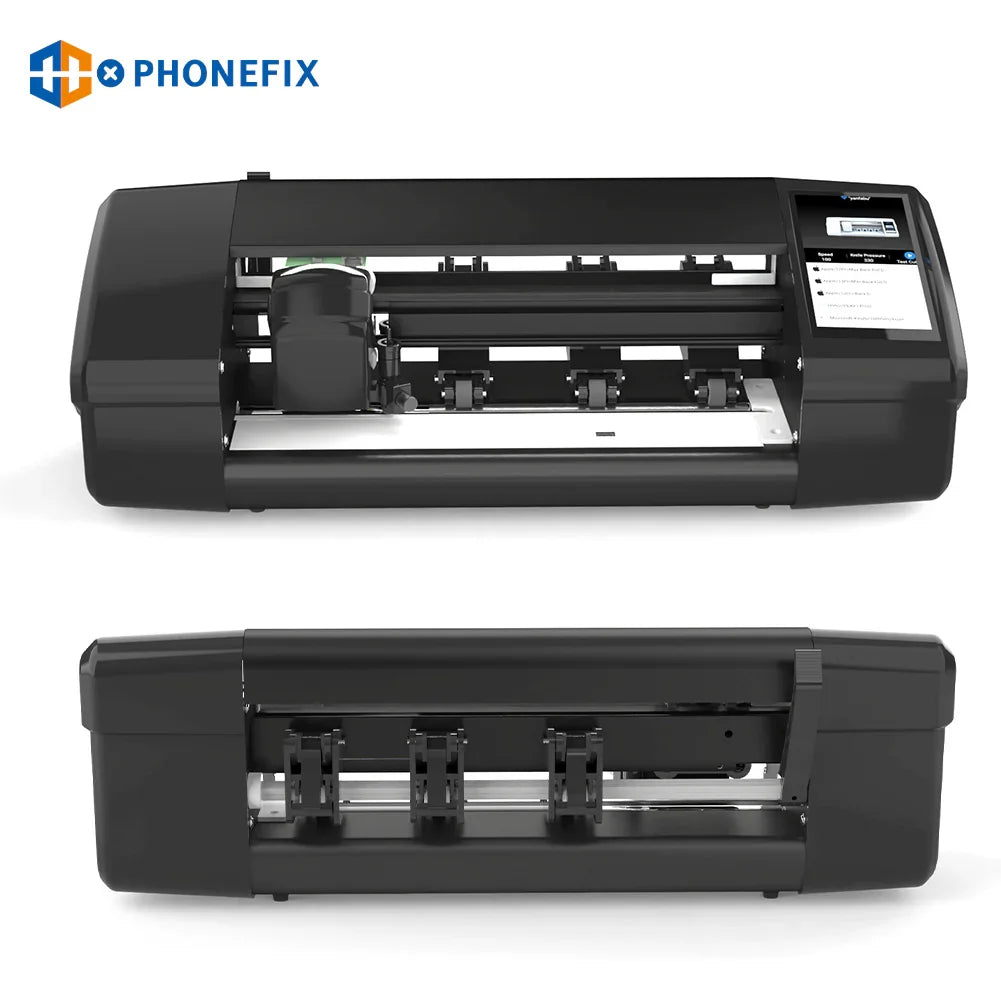 PHONEFIX X9 Smart Unlimited Film Cutter for phone and tablet screens, showing the film cutting machine with a 12.9-inch device.