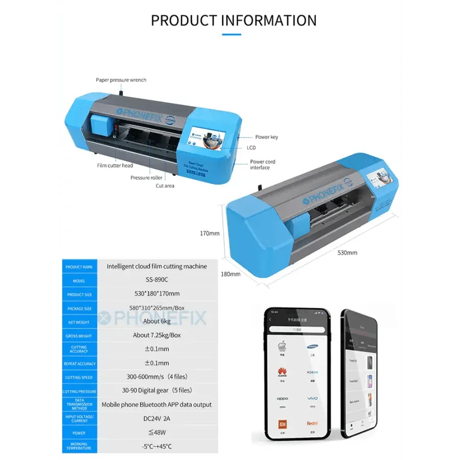 PHONEFIX SS-890C, machine de découpe de films protecteurs d'écran pour téléphones portables en un clic, pour une fabrication précise et facile de protections d'écran.