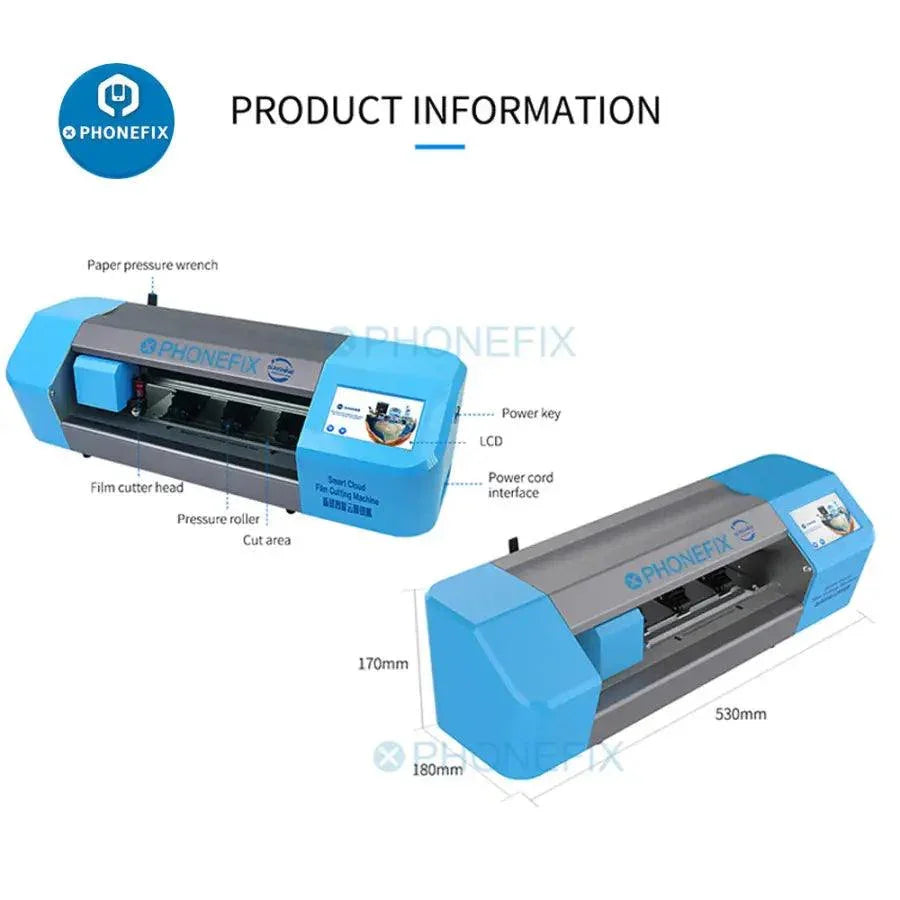 La machine de découpe de films protecteurs d'écran pour téléphones portables PHONEFIX SS-890C, qui permet de découper des films en un clic, montre l'appareil et le film en cours de découpe précise.