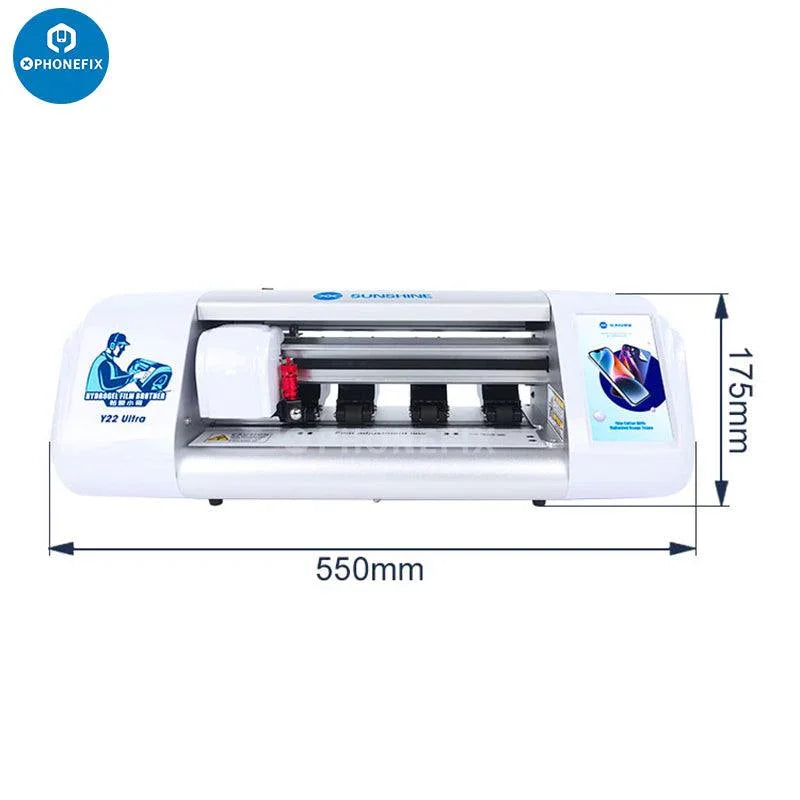 Sunshine Y22 Ultra film cutting machine by PHONEFIX for precise screen protector cutting, shown with the device and cutting blade.