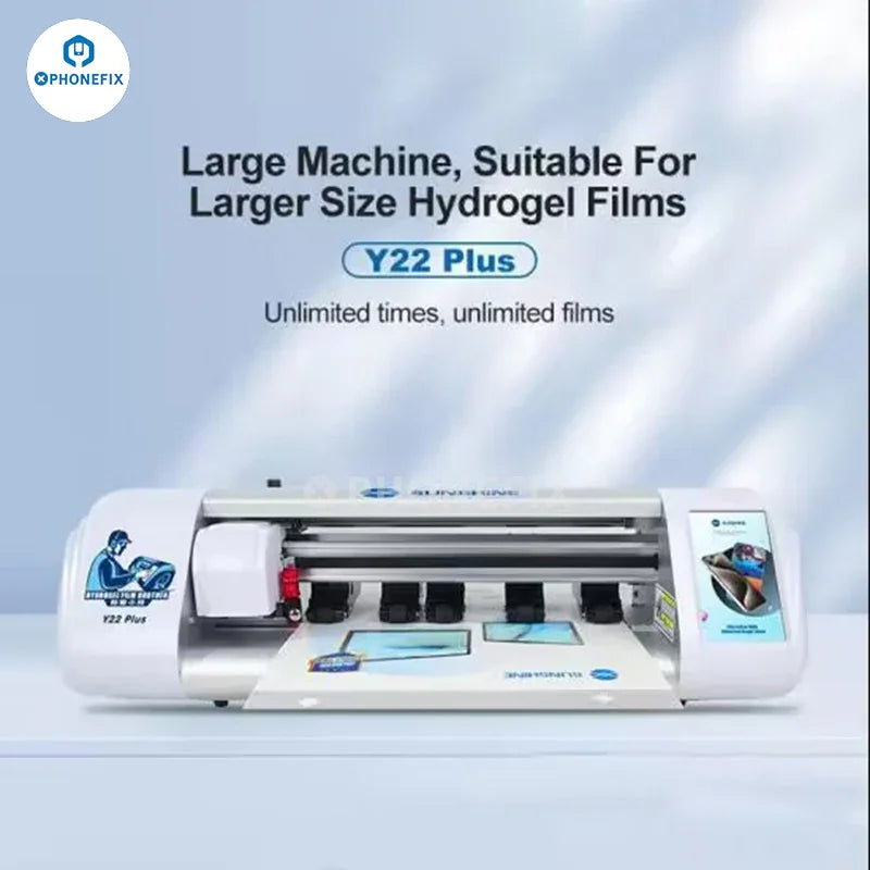 PhoneFix Sunshine Y22 Ultra film cutting machine screen protector cutter, showing the device and cutting blade in action.