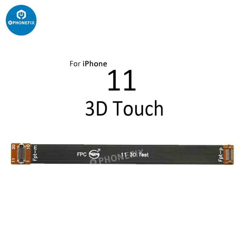 PhoneFix LCD display 3D touch screen test cable for iPhone 11 to 14 Pro Max, shown connected to device in repair testing setup.