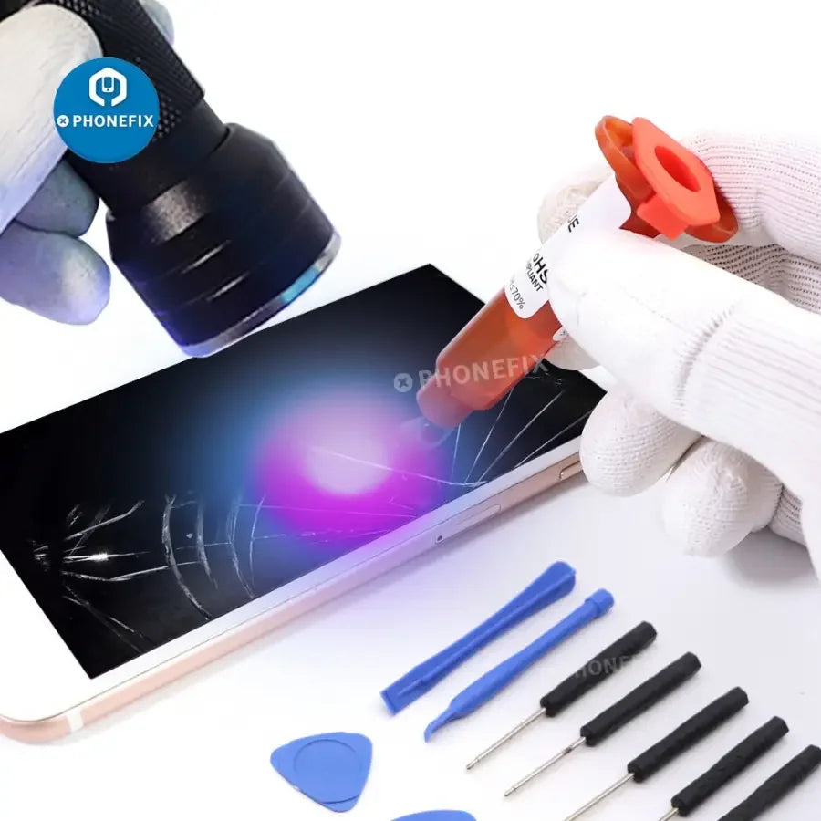 PhoneFix TP-2500 LOCA UV glue light lamp kit used for phone screen repair with UV curing tool for precise adhesive application.