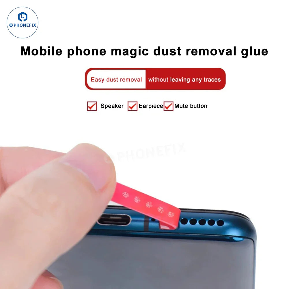 Cinta adhesiva PhoneFIX para limpiar el puerto de carga del teléfono y eliminar el polvo del altavoz, utilizada para una limpieza precisa del polvo.