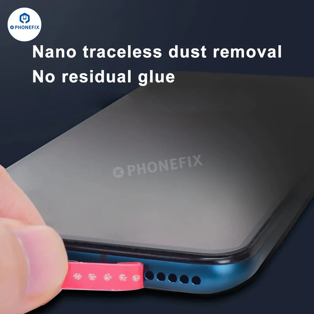 Cinta adhesiva de limpieza PhoneFIX para eliminar el polvo de los puertos de carga y las zonas de los altavoces del teléfono, con un agarre adhesivo flexible.