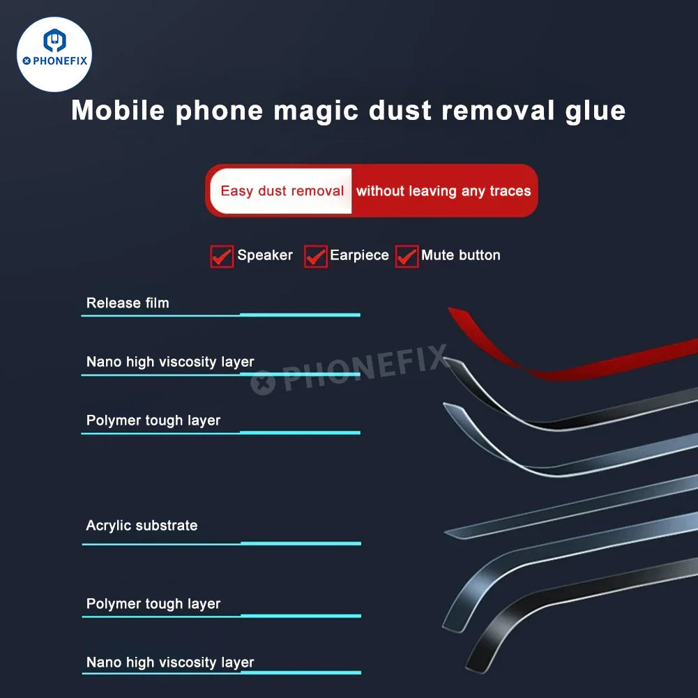 Limpiador de puertos de carga para teléfonos PHONEFIX con cinta adhesiva para eliminar el polvo y limpiar los altavoces, diseñado para el mantenimiento de dispositivos electrónicos.