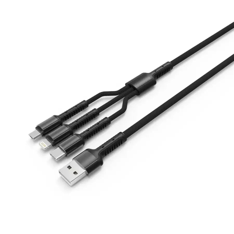 PhoneFix grey 3-in-1 USB charging cable with Type-C, compatible with iPhone and Android devices, flexible and durable design.