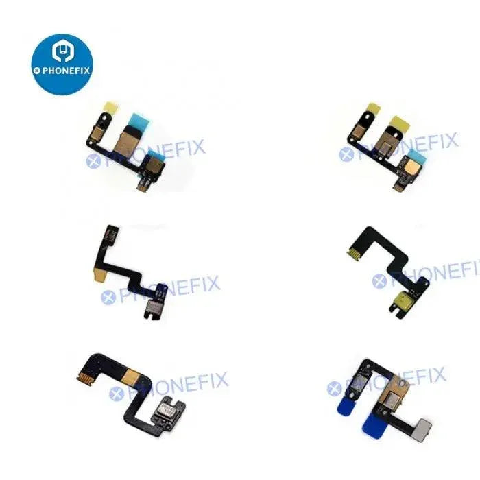 Brand new iPad Pro microphone ribbon flex cable by PHONEFIX for 9.7, 10.5, and 12.9-inch iPads, shown with connector and flex details.