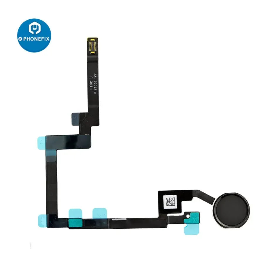 iPad 6 Mini 3 Air 2 home button full assembly replacement by PHONEFIX, showing the replacement part with flex cable and button.