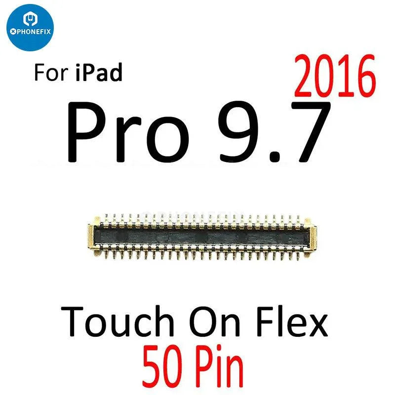 PhoneFix LCD touch screen digitizer FPC connector for iPad Pro 9.7, 10.5, and 12.9-inch models, close-up of connector and flex cable.
