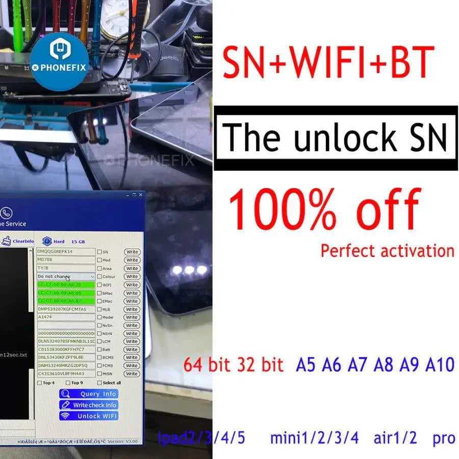 SN serial number label for iPad Mini 12.9-inch Air Pro iPad iCloud unlock accessory by PHONEFIX, shown on the product image.