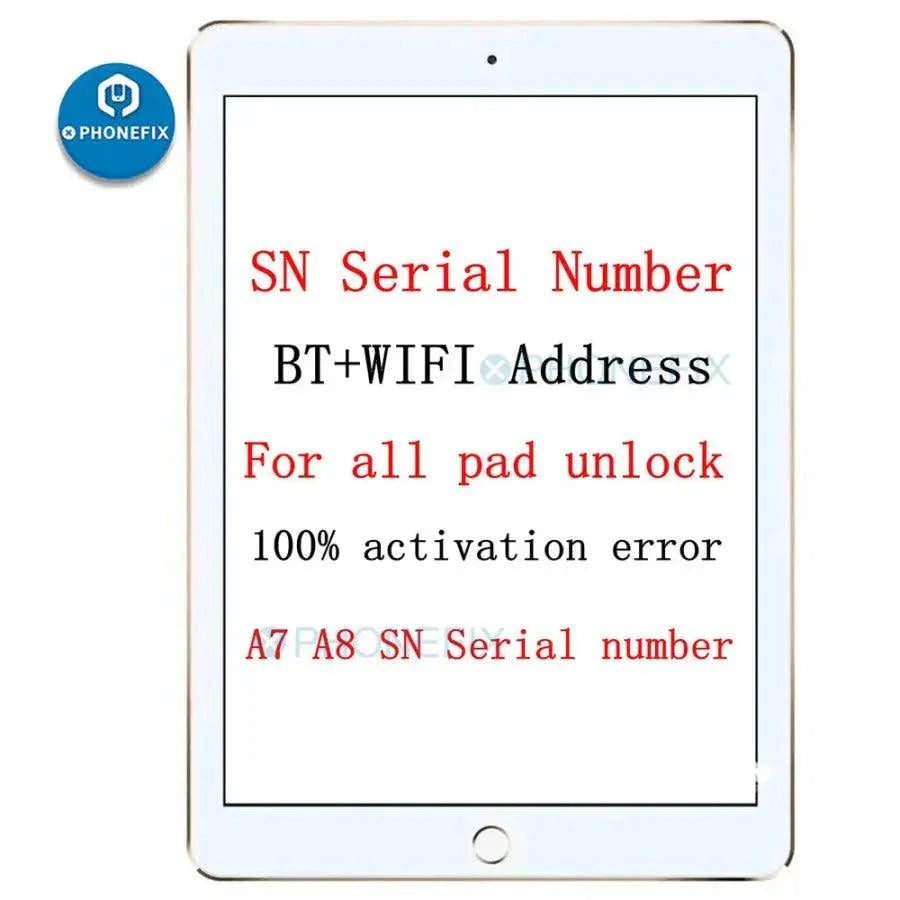 SN serial number for iPad Mini 12.9-inch, Air, Pro models by PHONEFIX, used for iPad iCloud unlock and accessories.