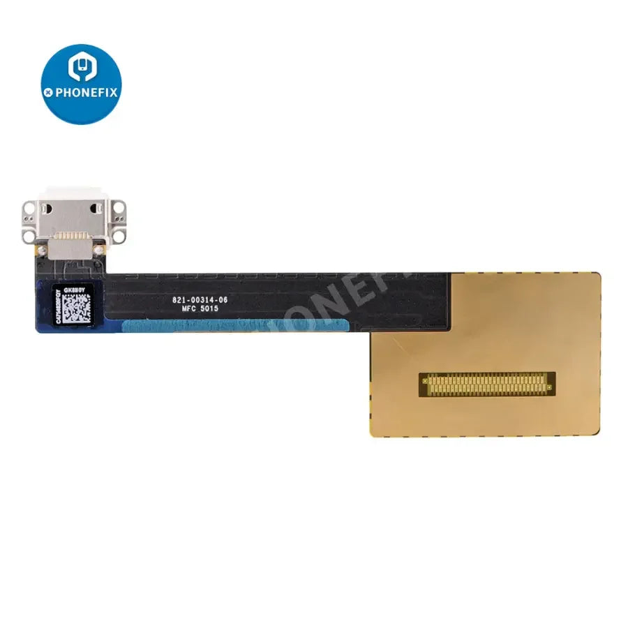 iPad Pro 9.7-inch charging connector flex cable replacement by PHONEFIX, showing a close-up of the flex cable and connectors.
