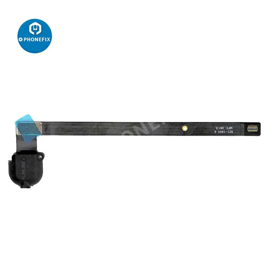 White iPad Air audio earphone jack flex cable replacement for iPad accessories by PHONEFIX, showing the flex cable for repair.