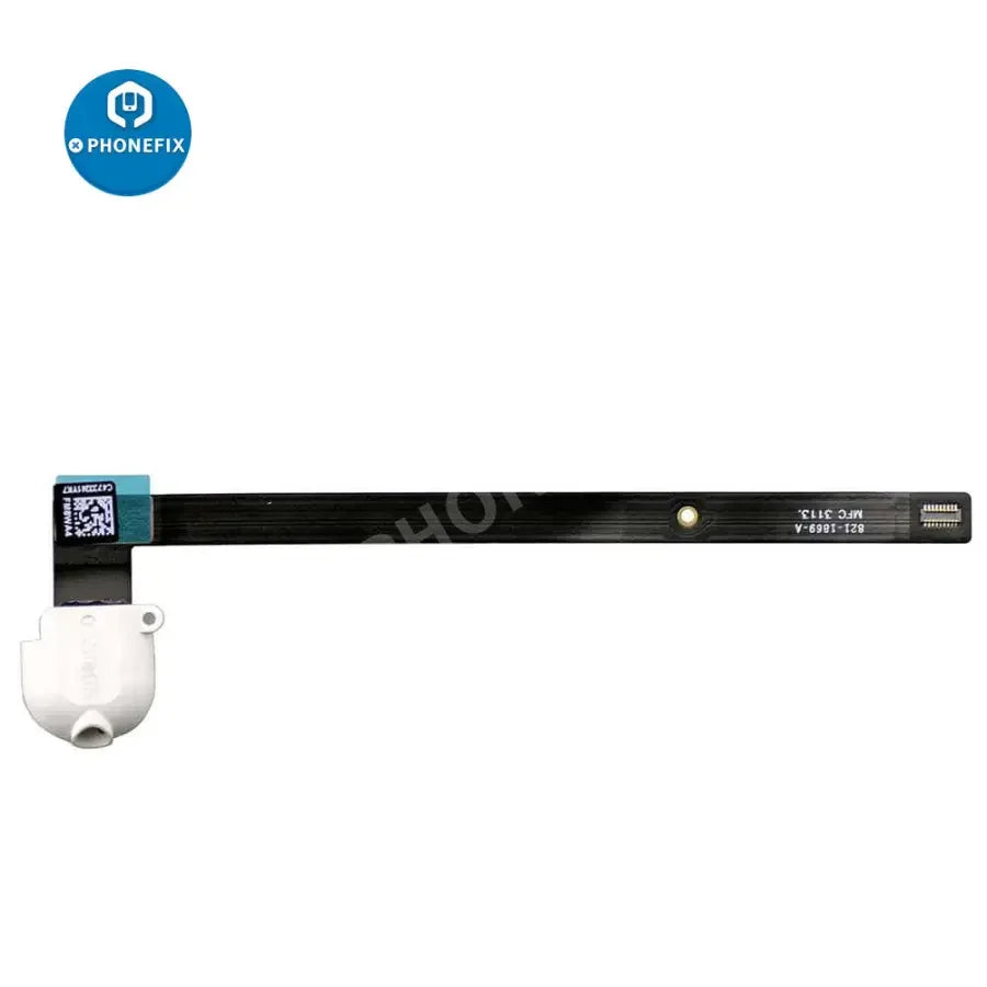 White iPad Air audio earphone jack flex cable replacement for iPad accessories by PHONEFIX, showing the flex cable component.