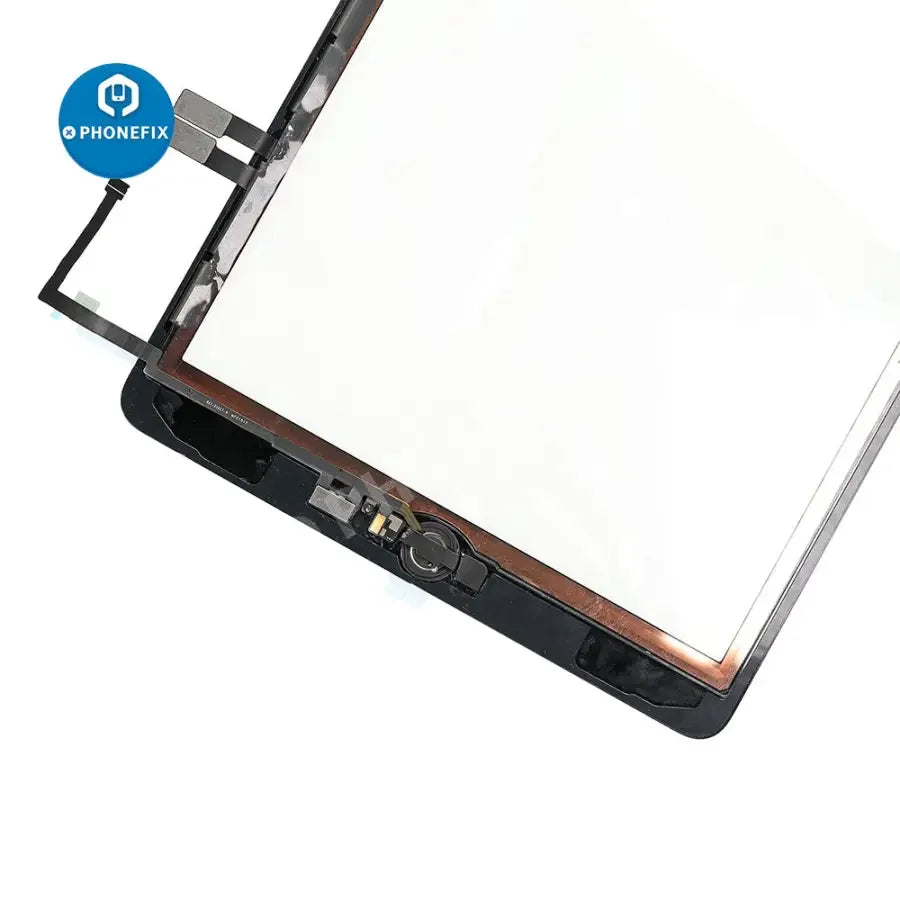 iPad 6 touch screen assembly with home button replacement by PHONEFIX, showing the assembled front display and digitizer components.